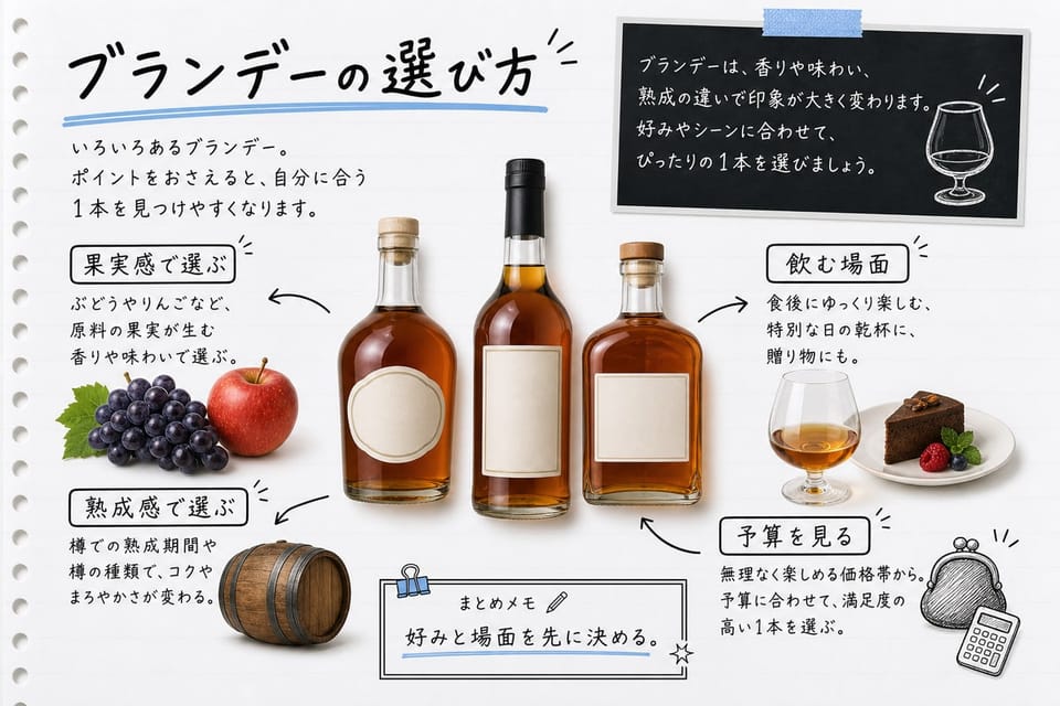 ブランデーの選び方を、果実感、熟成感、飲む場面で見分ける手書き風図解