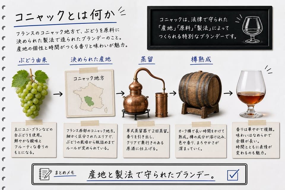 コニャックとは何かを、ぶどう、産地、蒸留、樽熟成で説明する手書き風図解