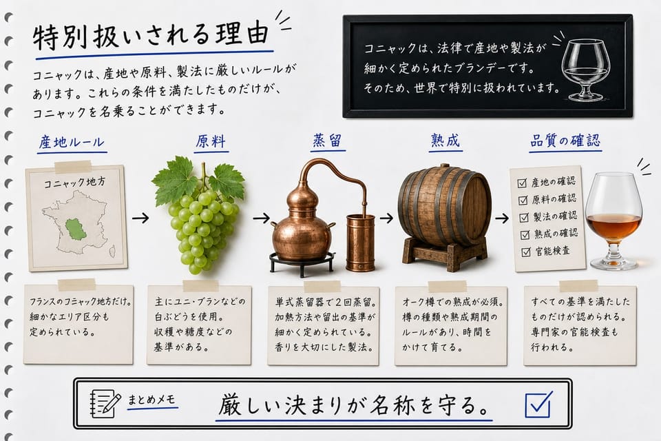 コニャックが特別扱いされる理由を、産地ルール、蒸留、熟成、品質管理で説明する手書き風図解