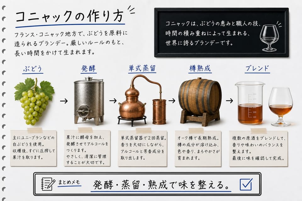 コニャックの作り方を、ぶどう、発酵、単式蒸留、樽熟成で説明する手書き風図解