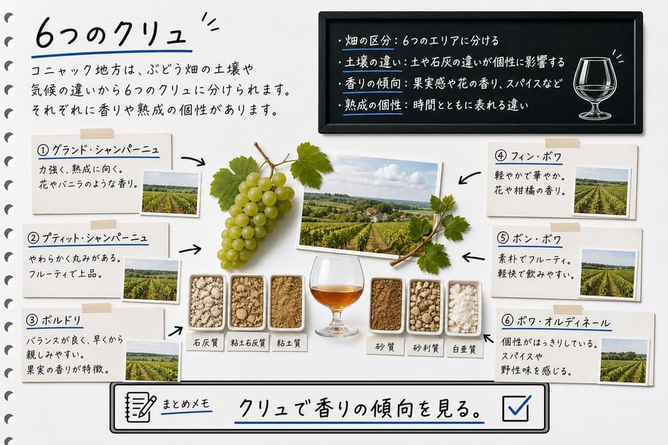 コニャックの6つのクリュを、地域カード、畑、香りの違いで説明する手書き風図解