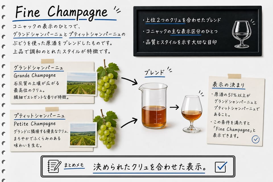 Fine Champagneとは何かを、グランドシャンパーニュ、プティットシャンパーニュ、ブレンドで説明する手書き風図解