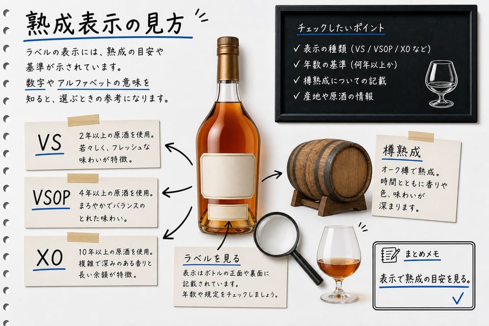 コニャックの熟成表示の見方を、VS、VSOP、XO、樽熟成で説明する手書き風図解