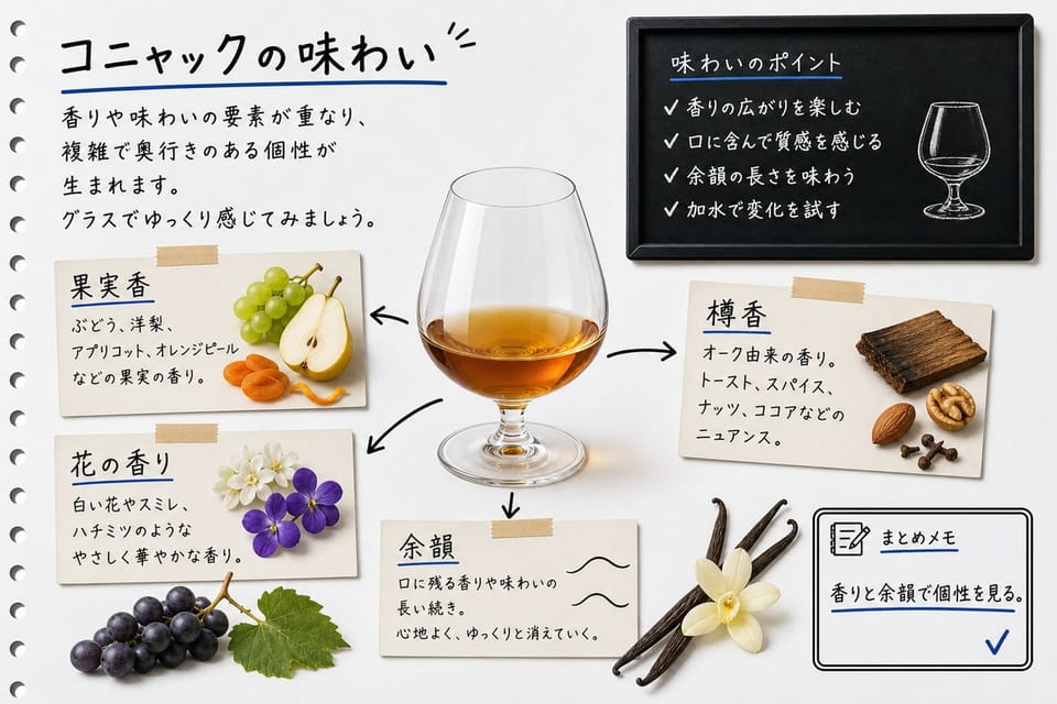 コニャックの味わいを、果実香、花の香り、樽香、余韻で説明する手書き風図解