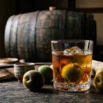 梅酒のグラスと梅、樽熟成感のある静物