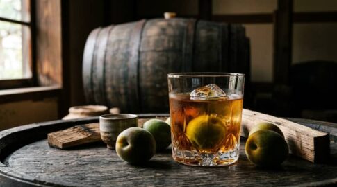 梅酒のグラスと梅、樽熟成感のある静物