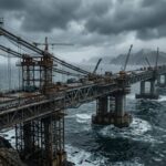 曇天の海上に延びる巨大な未完成橋のイメージ