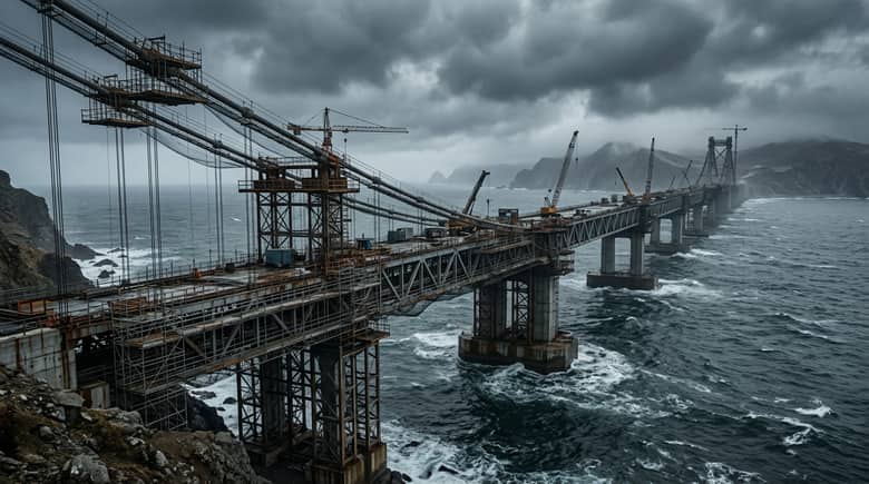 曇天の海上に延びる巨大な未完成橋のイメージ