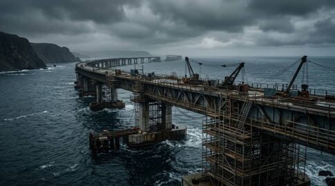 曇天の海上に延びる巨大な未完成橋のイメージ