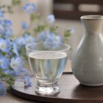 青い花と日本酒のグラスを合わせた春らしい静物