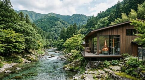 川沿いの蒸溜所と銅製ポットスチルのイメージ