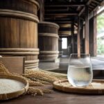 歴史ある酒蔵の木桶と夏の日本酒グラス
