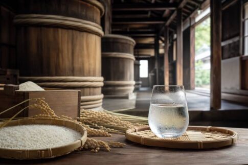 歴史ある酒蔵の木桶と夏の日本酒グラス