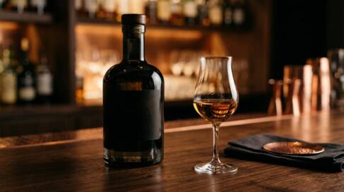 琥珀色のテキーラと重厚なボトルシルエット