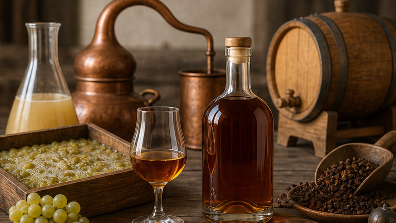ブランデーの作り方とは？原料・発酵・蒸留・樽熟成・ブレンドまで解説の要点を整理するイメージ