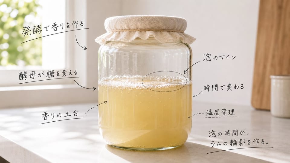 サトウキビ由来の発酵液と泡に、ラムの香味の土台を手書きで注釈した写真