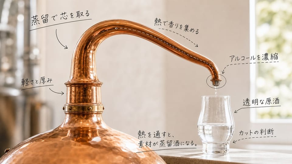 銅製の蒸留器と透明な原酒に、ラムの蒸留工程を手書きで注釈した写真