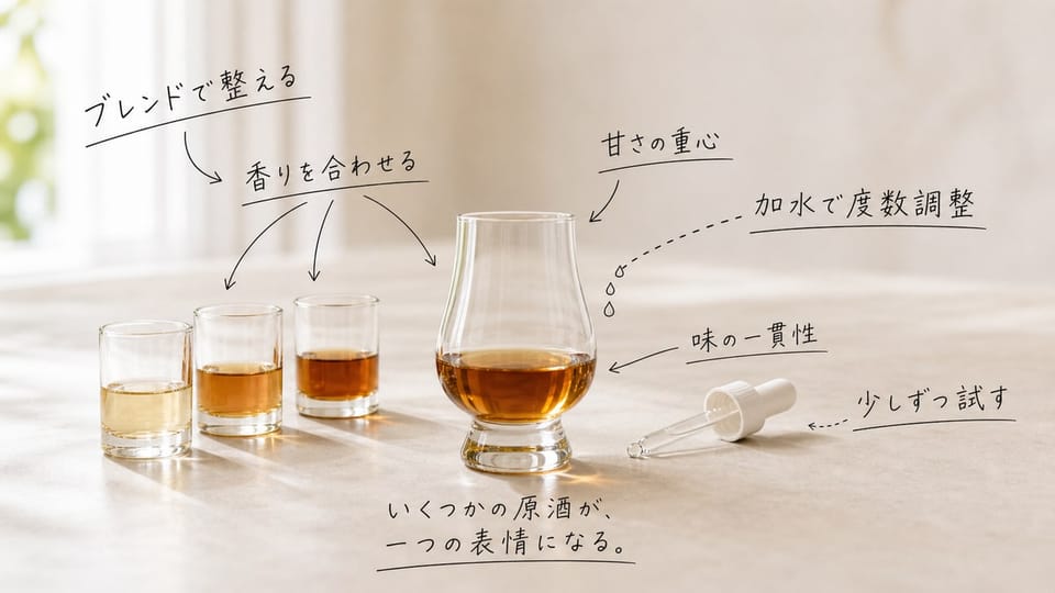 複数のラム原酒とスポイトに、ブレンドと加水の調整を手書きで注釈した写真