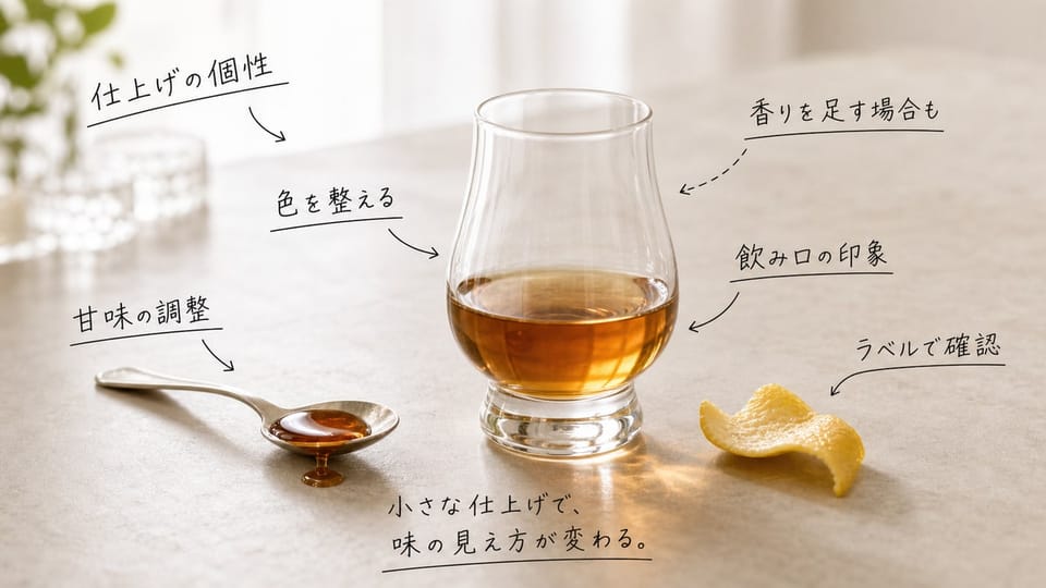 ラムの色や甘味、香りの仕上げを手書き注釈で示した写真