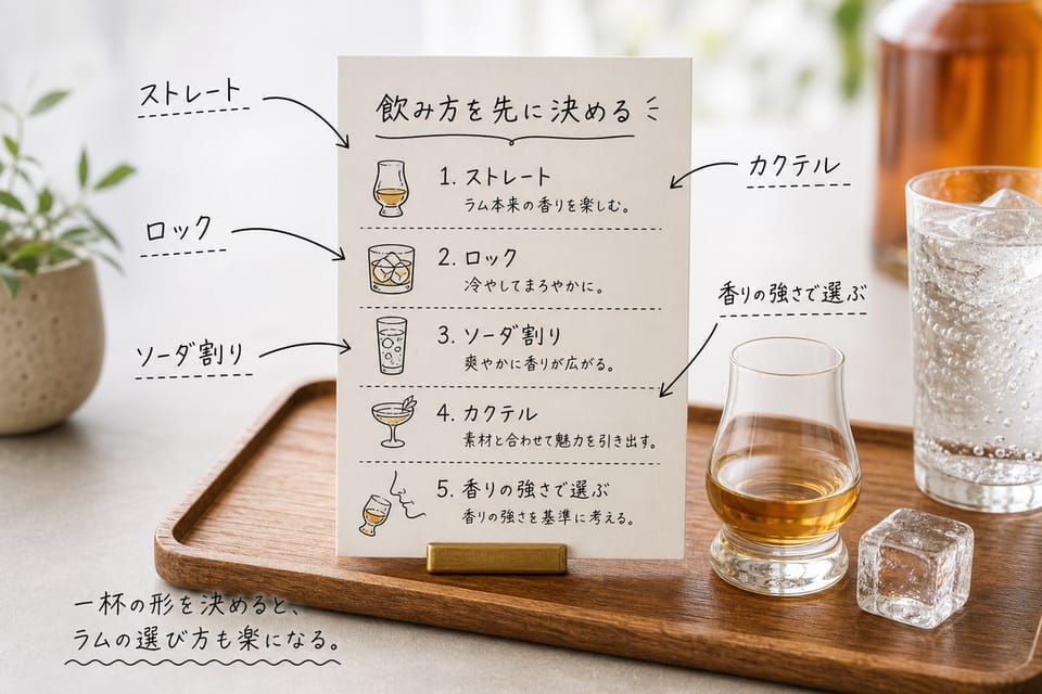 ラムの飲み方スタイルを、ストレートやロックなどのメモカードで示す雑誌風手書き注釈画像