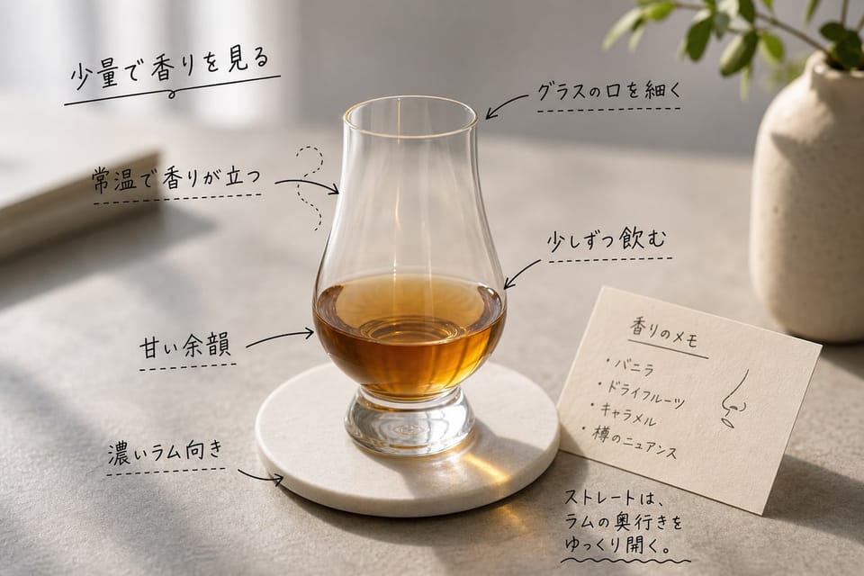 ラムをストレートで飲むポイントを、テイスティンググラスと香りメモで示す雑誌風手書き注釈画像