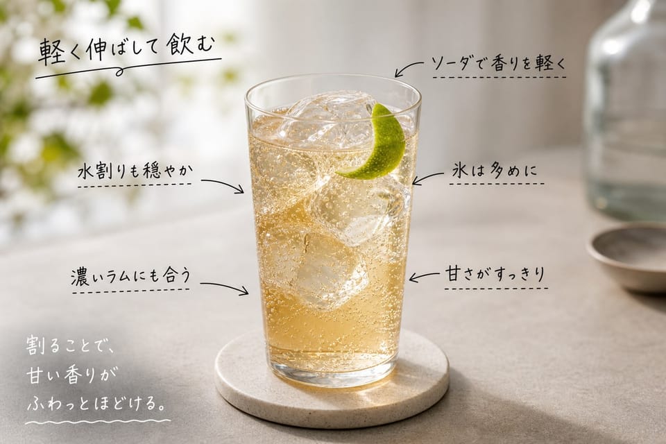 ラムを水やソーダで伸ばす飲み方を、泡のあるハイボールグラスで示す雑誌風手書き注釈画像
