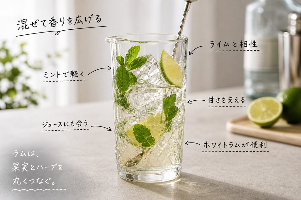 ラムをカクテルやシンプルミックスで飲む方法を、ライムとミントのミキシンググラスで示す雑誌風手書き注釈画像