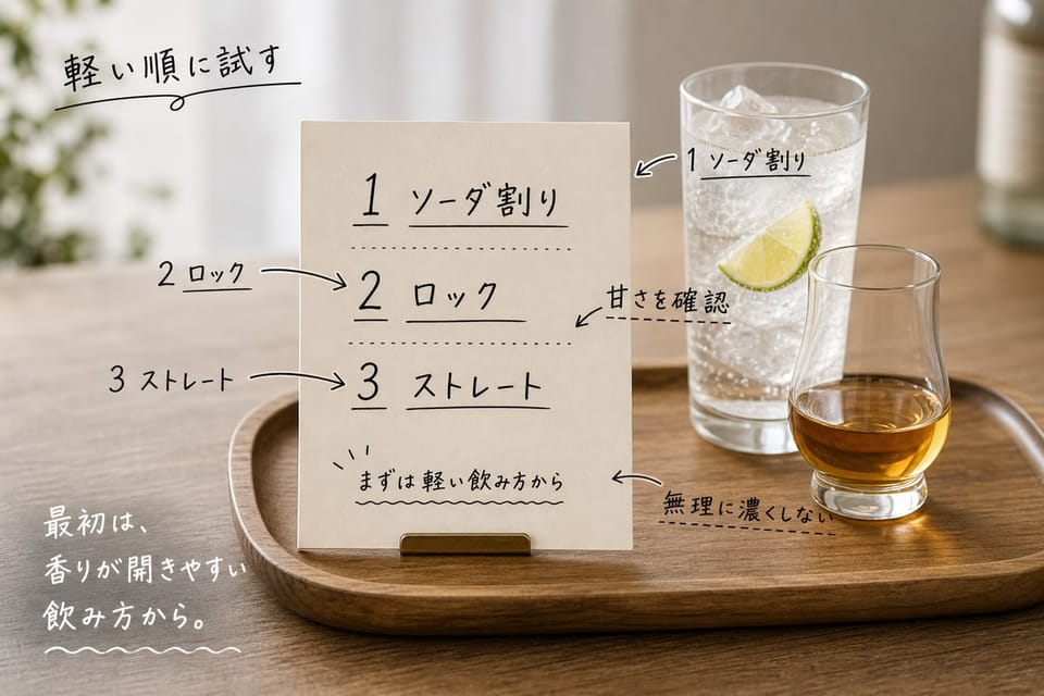 初心者にすすめるラムの飲み方の順番を、ソーダ割りからストレートまでのメモで示す雑誌風手書き注釈画像