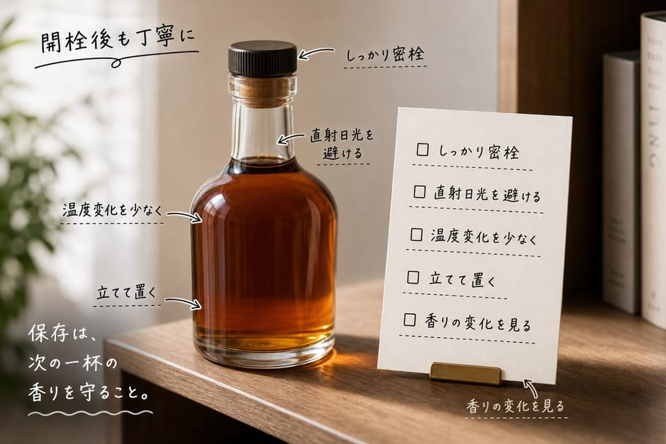 ラムの保存の考え方を、ボトルキャップと保存メモで示す雑誌風手書き注釈画像