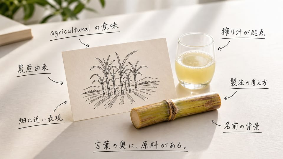 サトウキビ畑のカードと搾り汁に、agricultural の意味を手書き注釈で示した写真