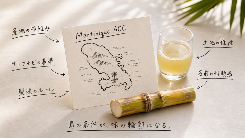 島の輪郭カードとサトウキビに、Martinique AOC の位置づけを手書き注釈で示した写真