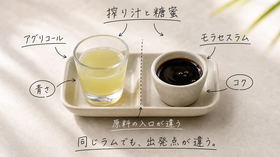 サトウキビの搾り汁と糖蜜を並べ、ラムアグリコールとモラセスラムの違いを手書き注釈で示した写真