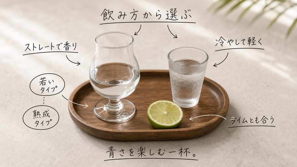 ラムアグリコールの飲み方と選び方を、グラスとライムに手書き注釈で示した写真