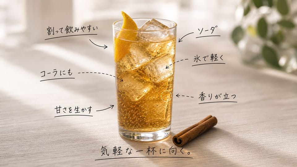 スパイスドラムのハイボールに、飲み方の向き不向きを手書き注釈で示した写真