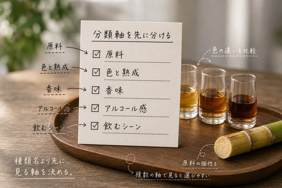 ラムの種類の分類軸を、分類メモカードと色違いサンプルで示す雑誌風手書き注釈画像