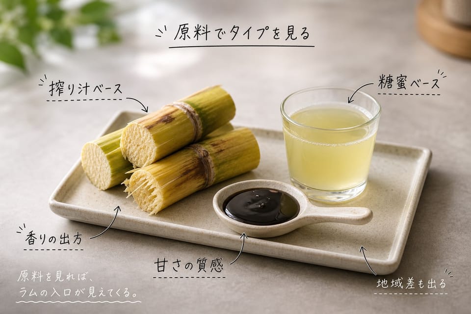 ラムの種類を原料で分ける考え方を、糖蜜とサトウキビ搾り汁の作業皿で示す雑誌風手書き注釈画像