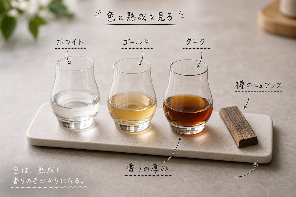 ラムの種類を色と熟成で分ける考え方を、3色のグラスと樽材で示す雑誌風手書き注釈画像