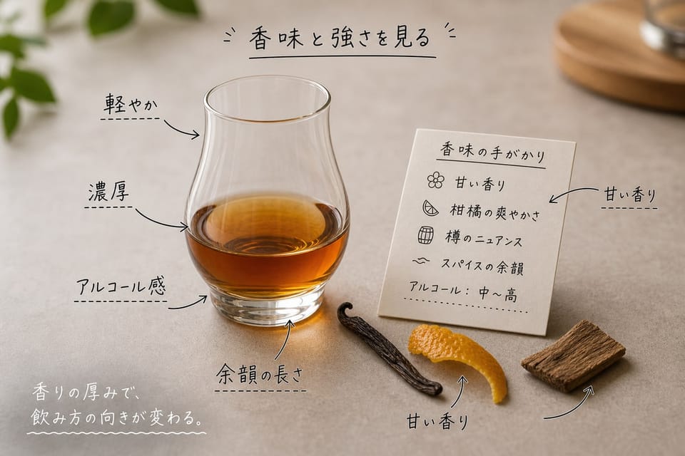 ラムの種類を香味とアルコールで分ける考え方を、香りメモとラムグラスで示す雑誌風手書き注釈画像