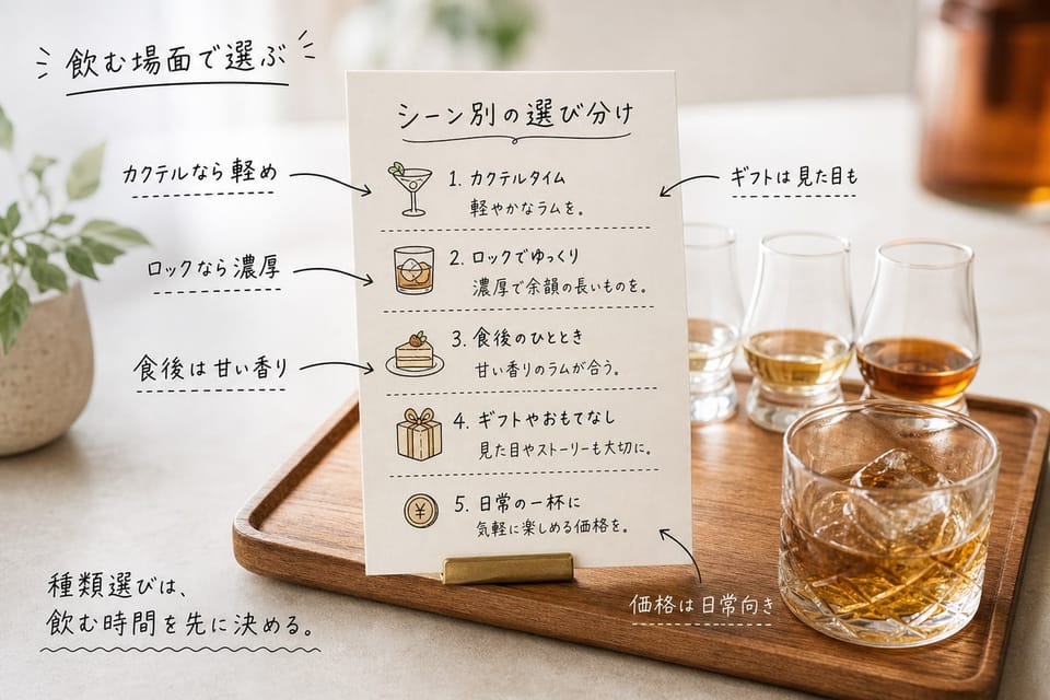 ラムの種類をシーン別に選び分ける考え方を、用途メモとラムサンプルで示す雑誌風手書き注釈画像