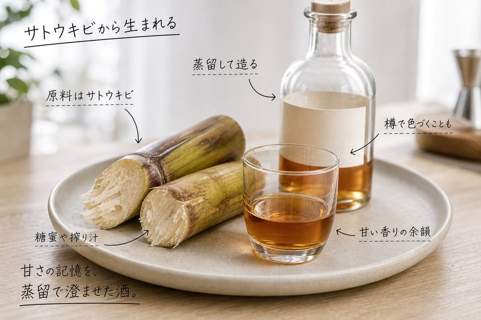 ラムとは何かを、サトウキビと琥珀色のラムグラスで示す雑誌風手書き注釈画像