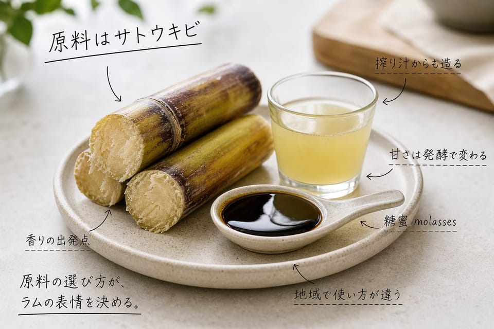 ラムの原料を、サトウキビと糖蜜と搾り汁の作業皿で示す雑誌風手書き注釈画像