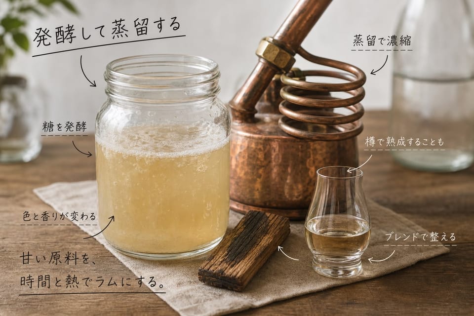 ラムの作り方を、発酵瓶と銅の蒸留器パーツと樽材で示す雑誌風手書き注釈画像