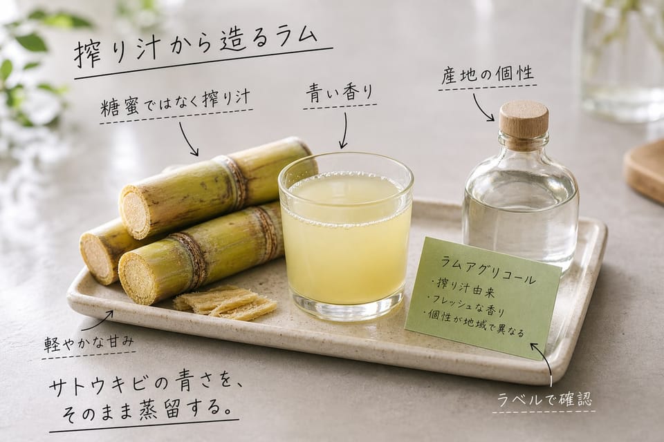 ラムアグリコールとは何かを、サトウキビ搾り汁と手書き注釈で示す雑誌風画像