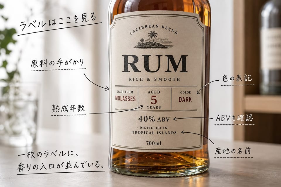 ラムのラベルの見方を、度数や熟成表記のある汎用ボトルラベルで示す雑誌風手書き注釈画像