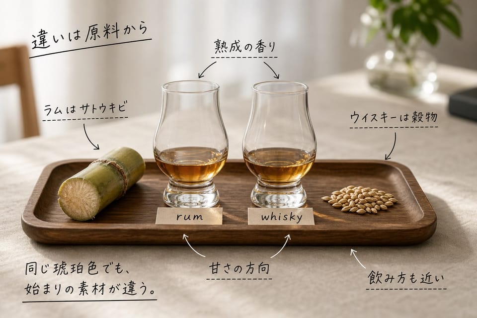 ラムとウイスキーの違いを、サトウキビと穀物と二つの琥珀色グラスで示す雑誌風手書き注釈画像