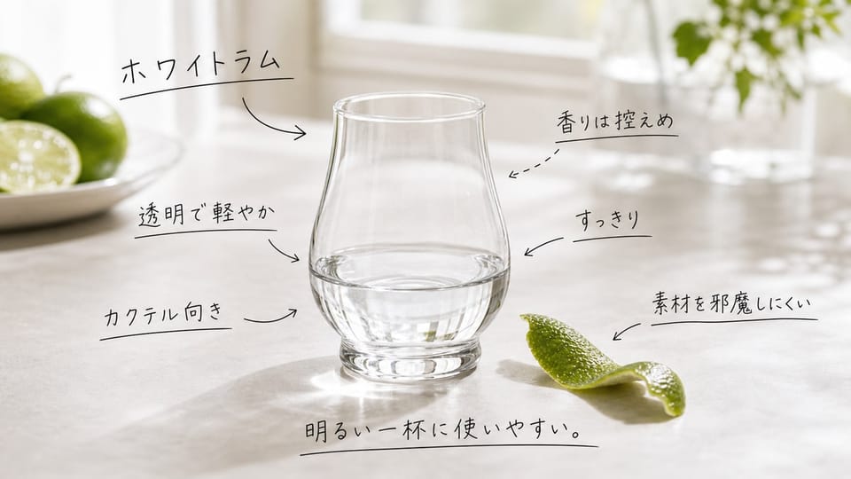 透明なホワイトラムのグラスに、軽やかな特徴を手書き注釈で示した写真