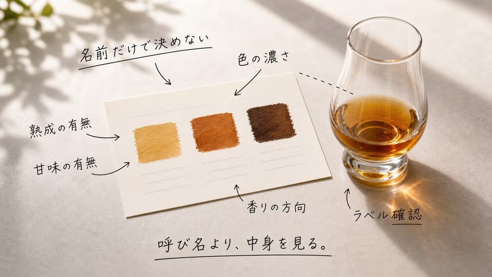 ラムの色見本とグラスに、名前だけでは読めない確認ポイントを手書き注釈で示した写真