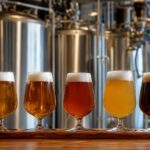 クラフトビールのグラスと醸造所のタンク