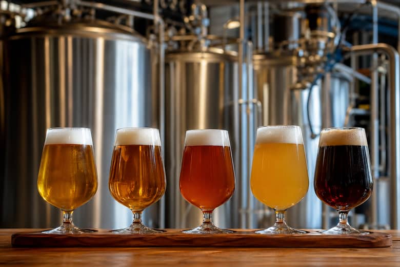 クラフトビールのグラスと醸造所のタンク