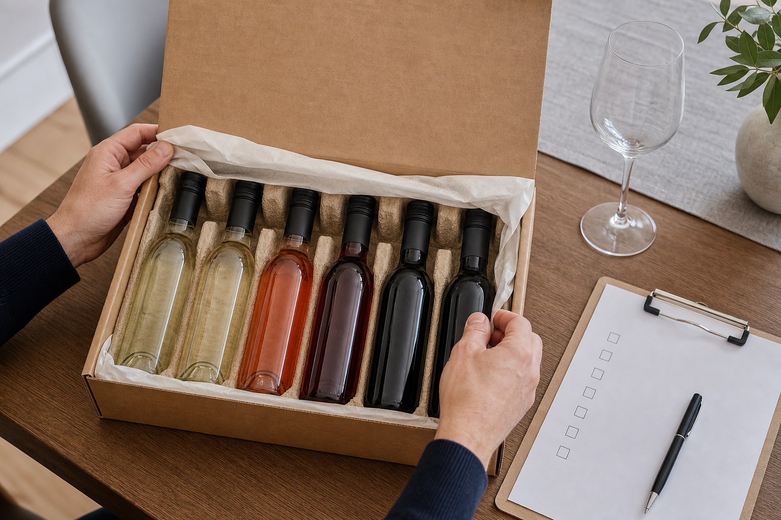 オンライン講座から届く複数の試飲用小瓶を配送箱から取り出して確認する手元